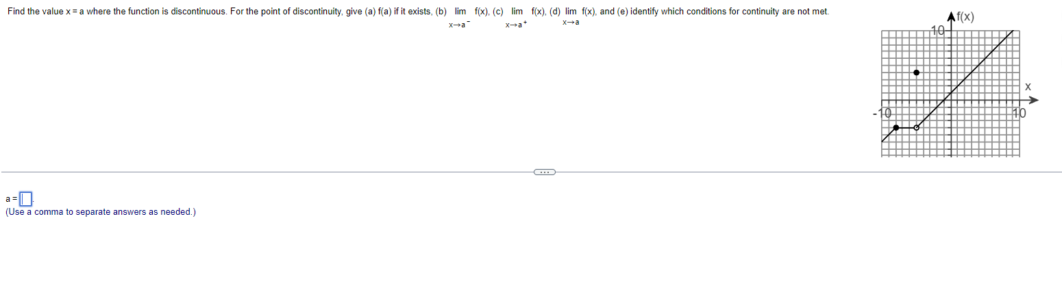 the point of discontinuity, give (a) f(a) if it exists, (b) (I-Ise