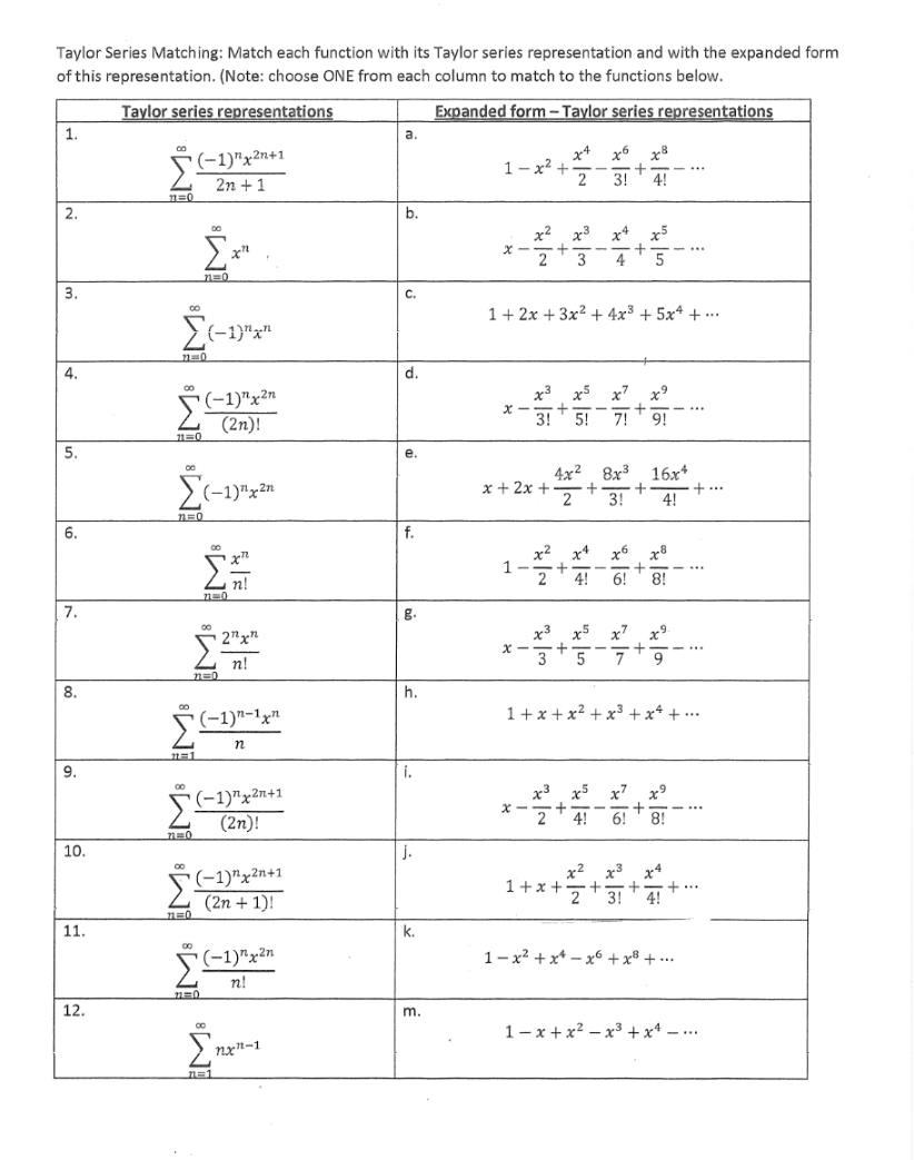  Taylor Series Matching: Match each function with its Taylor series representation