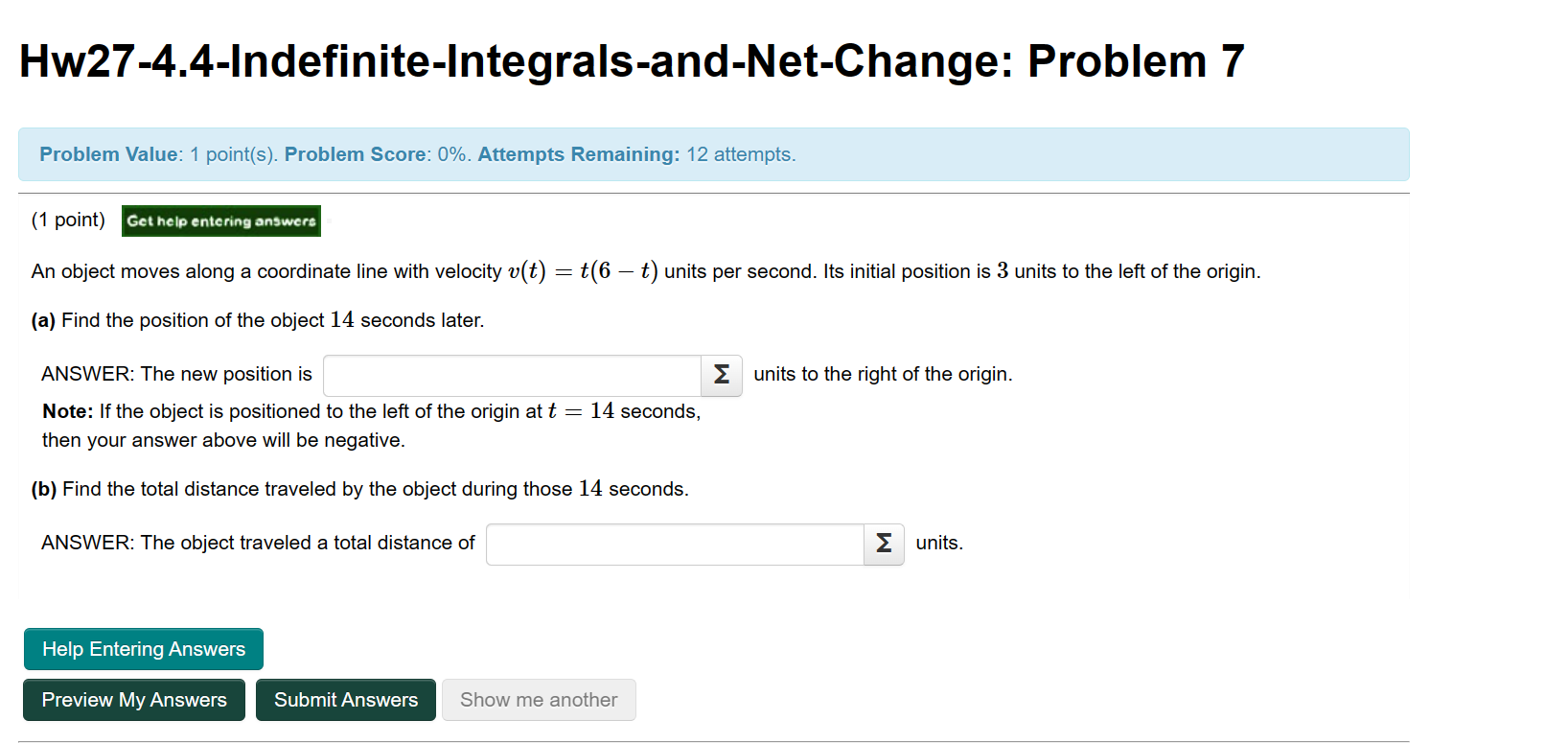 Remaining: 12 attempts. a now An object moves along a coordinate line