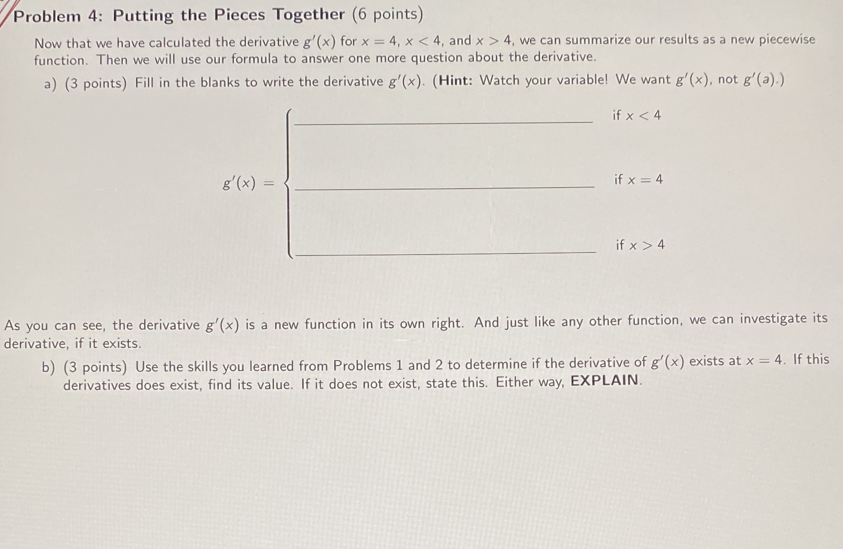 points) Now that we have calculated the derivative g'(x) for x =
