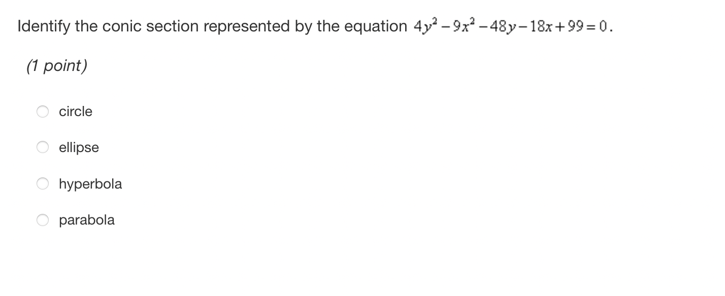 by the equation [x+1)2 +[y 2)2 = 8. (1 point) circle ellipse