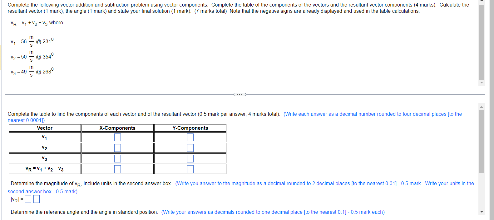 Complete the table of the components of the vectors and the resultant