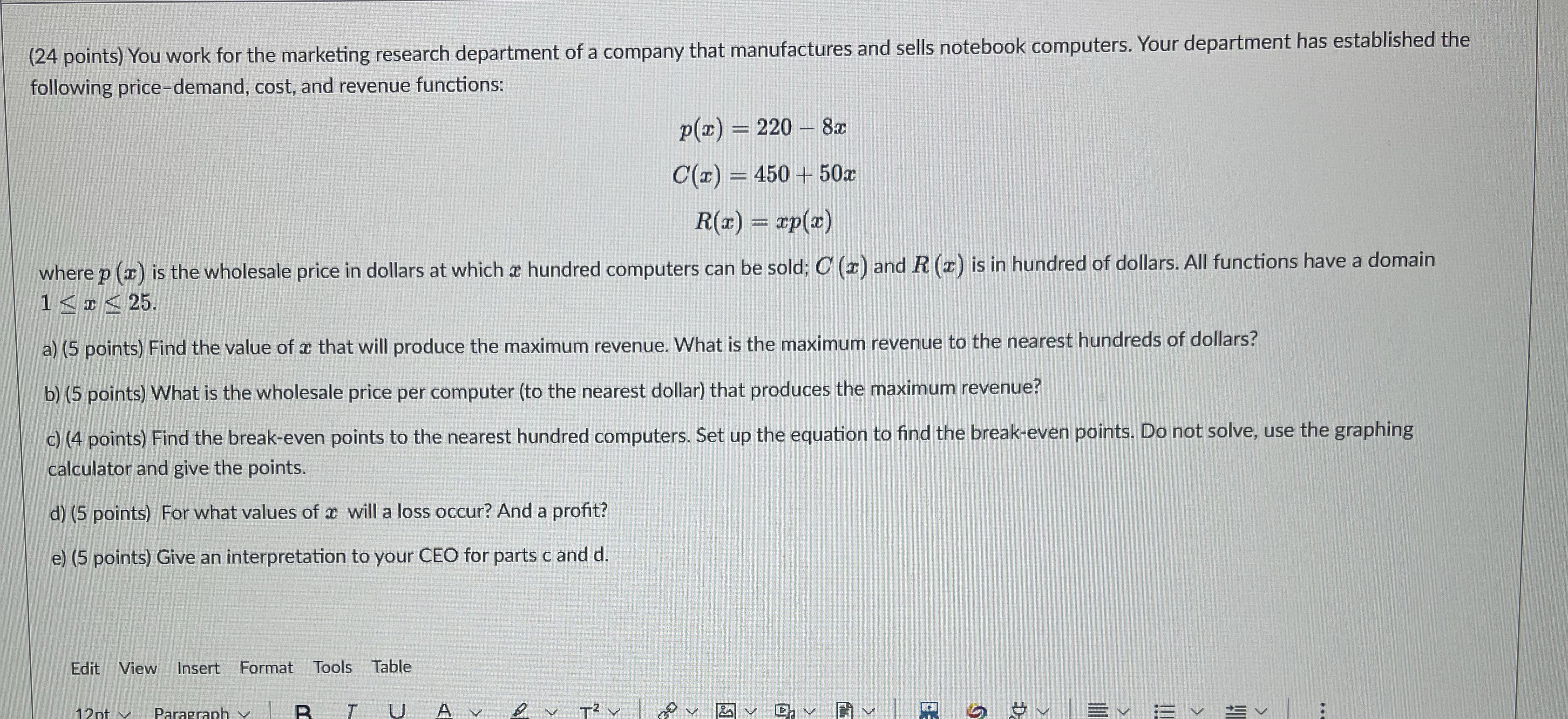  Help please. (24 points) You work for the marketing research department