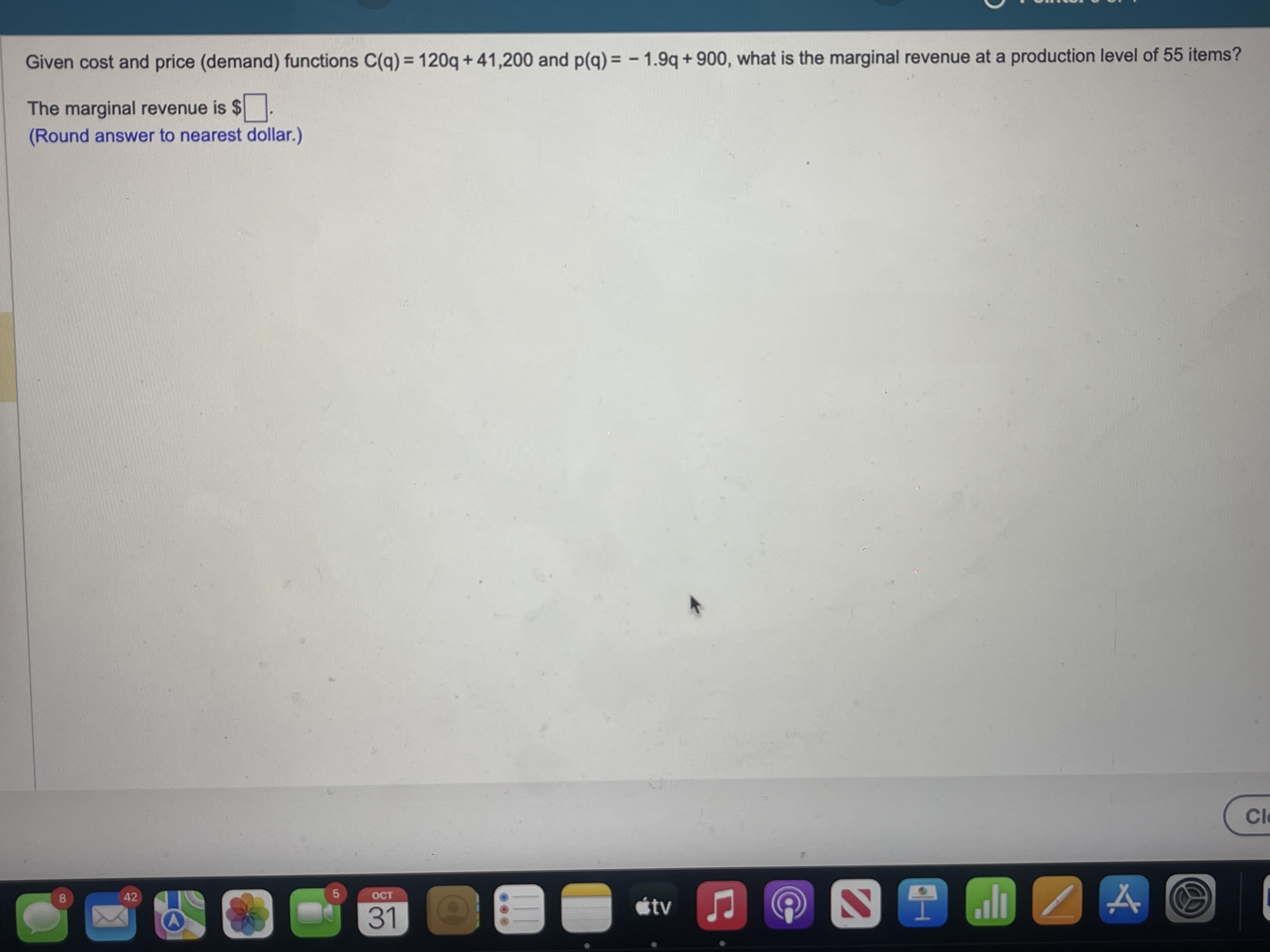 and p(q) = - 1.9q + 900, what is the marginal revenue