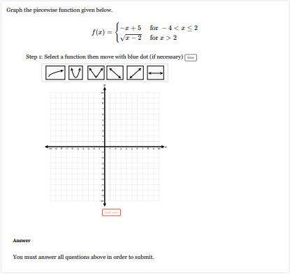  Graph the piecewise function given below. /(x) = -1+5 for -4