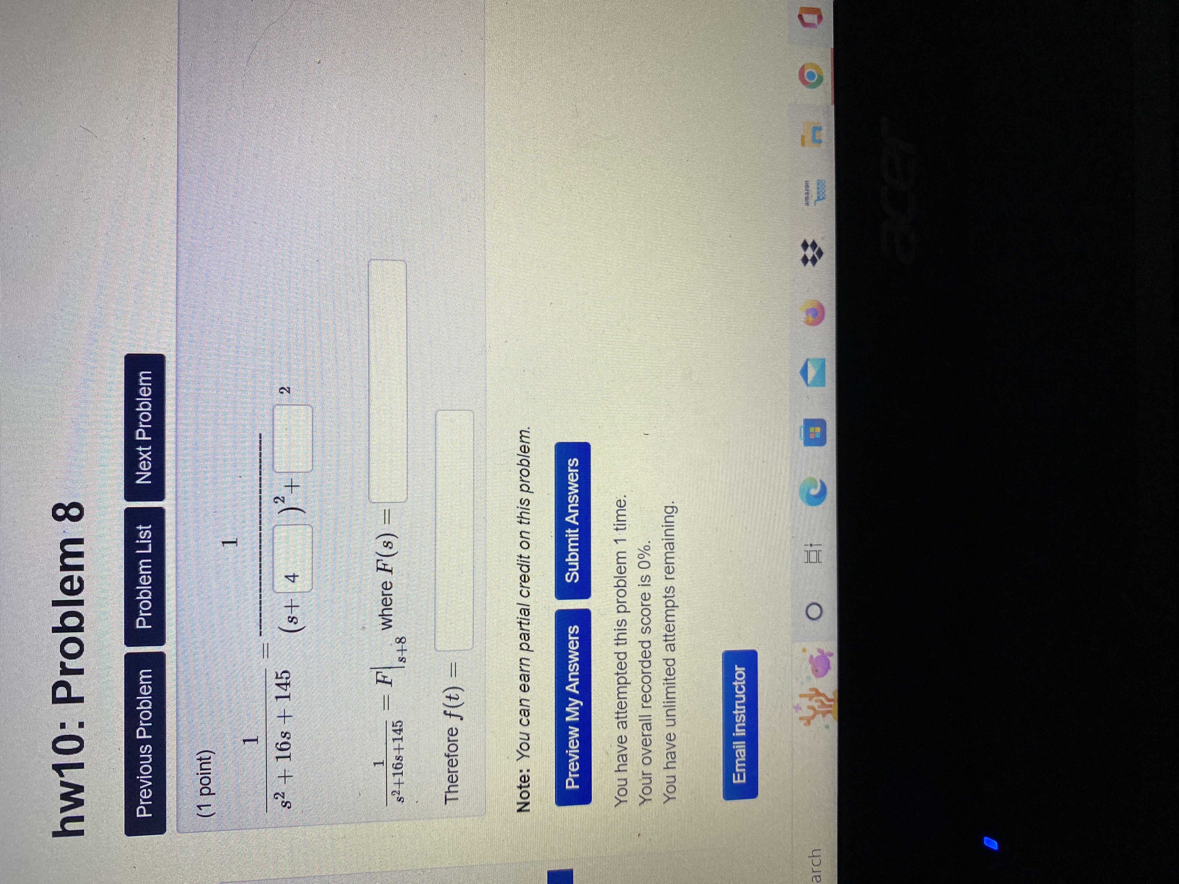 (1 point) Find the inverse Laplace transform of -3969-32s2454 Preview My Answers