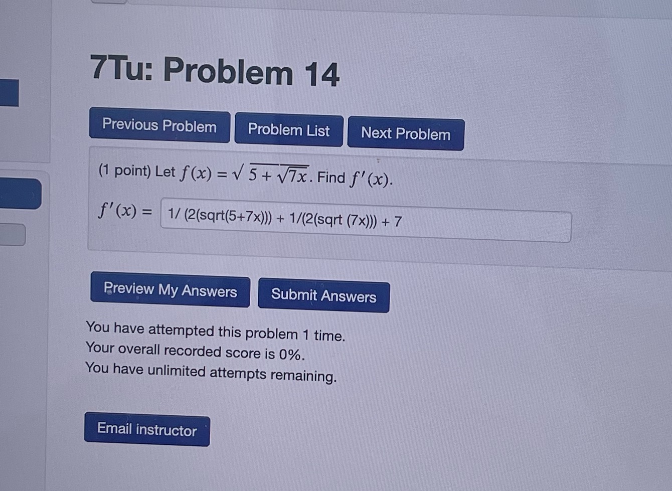  why isnt it correct 7Tu: Problem 14 Previous Problem Problem List