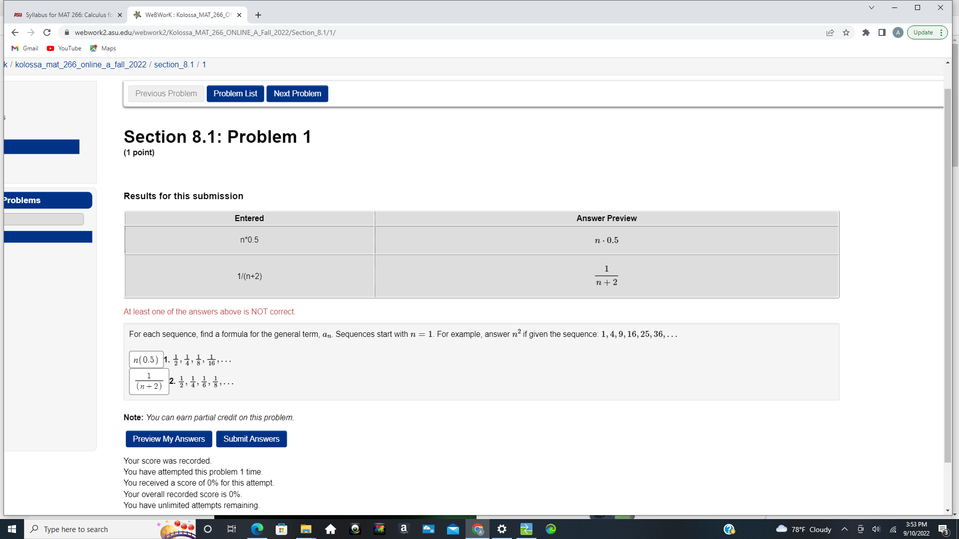  0 X ASU Syllabus for MAT 266: Calculus fo x WeBWork: