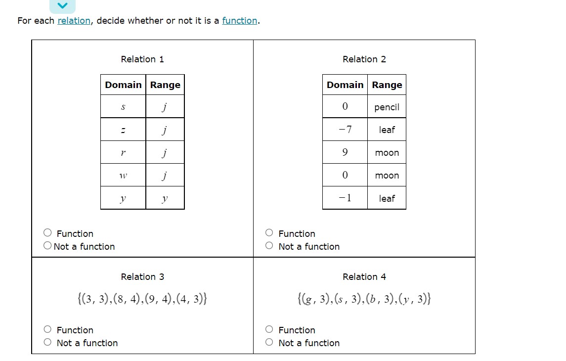  For each relation, decide whether or not it is a function.