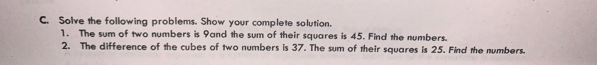  C. Solve the following problems. Show your complete solution. 1. The