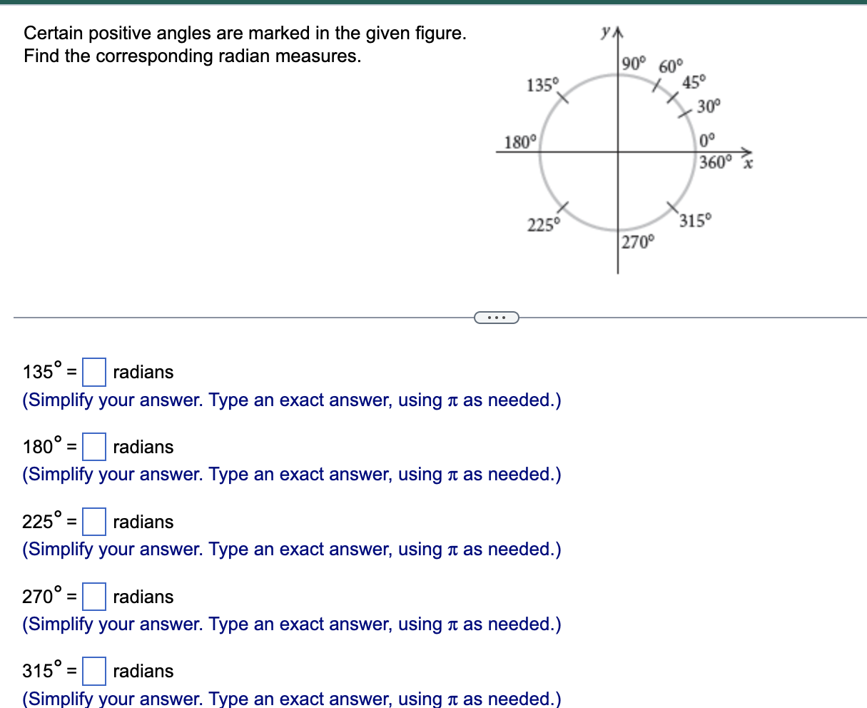 radians (Simplify your answer. Type an exact answer, using 1: as needed.)