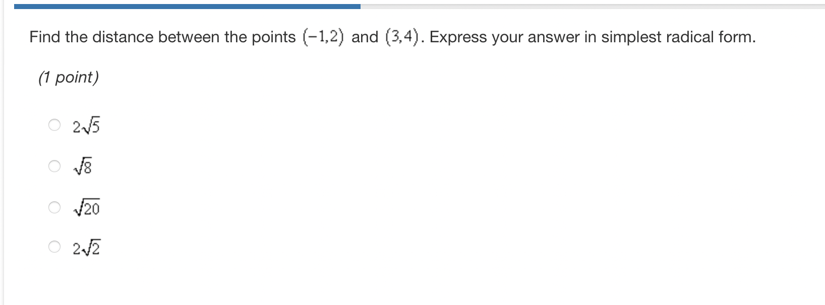  Find the distance between the points (12) and (3,4). Express your