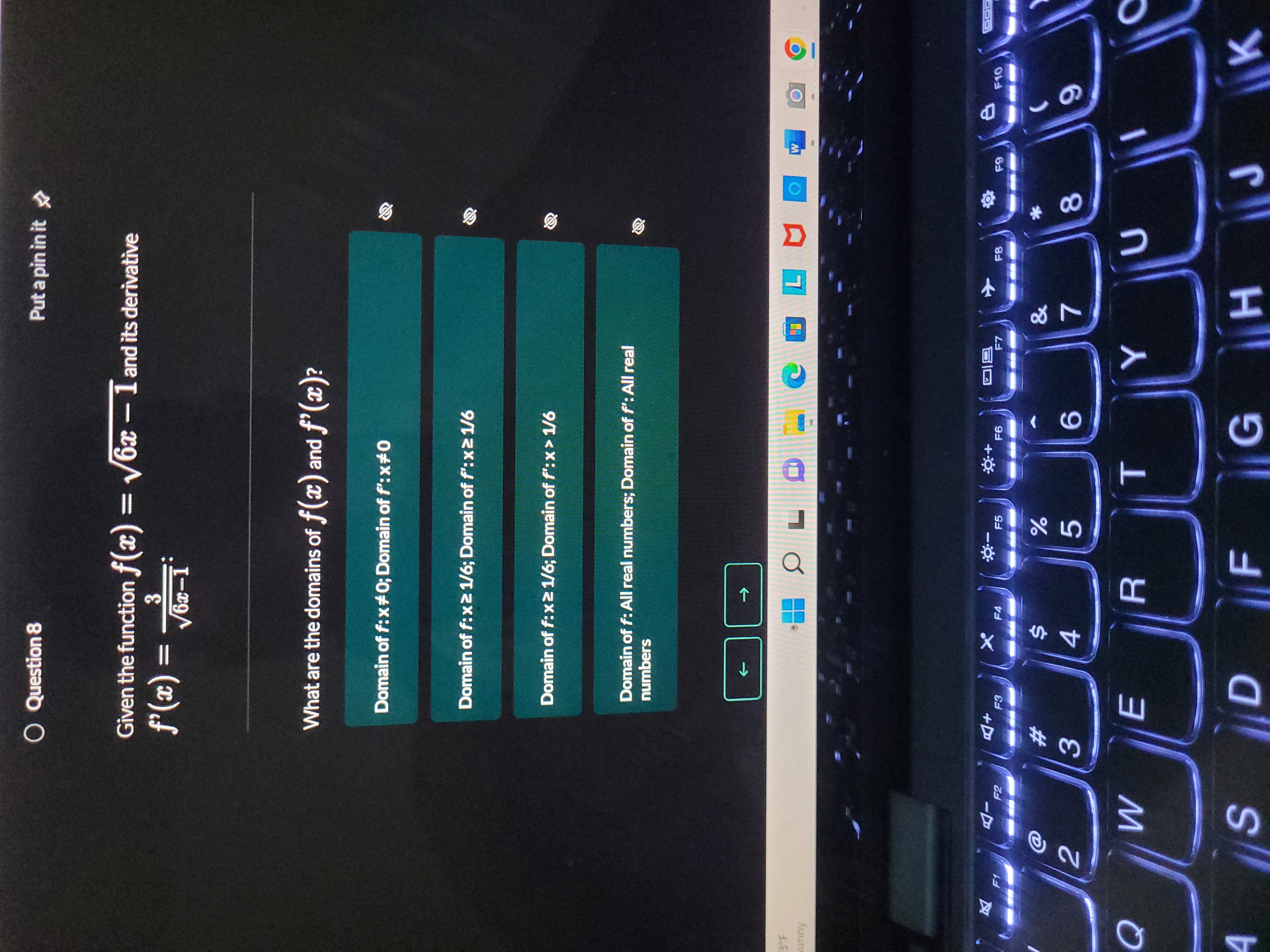  O Question 8 Put a pin in it Given the function