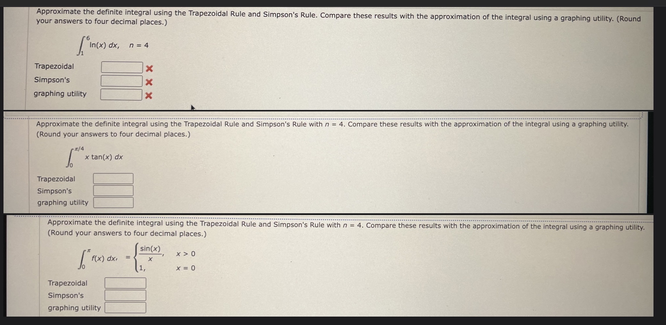  9 answers total. Thank you Approximate the definite integral using the