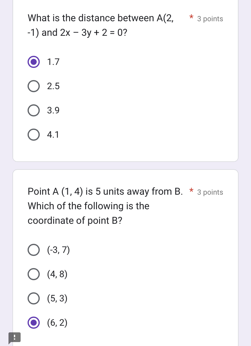  What is the distance between A(2, * 3 points -1) and