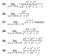 14. lim (1,y)-0.0x + 3yz (x + v)2 15. lim 16. lim