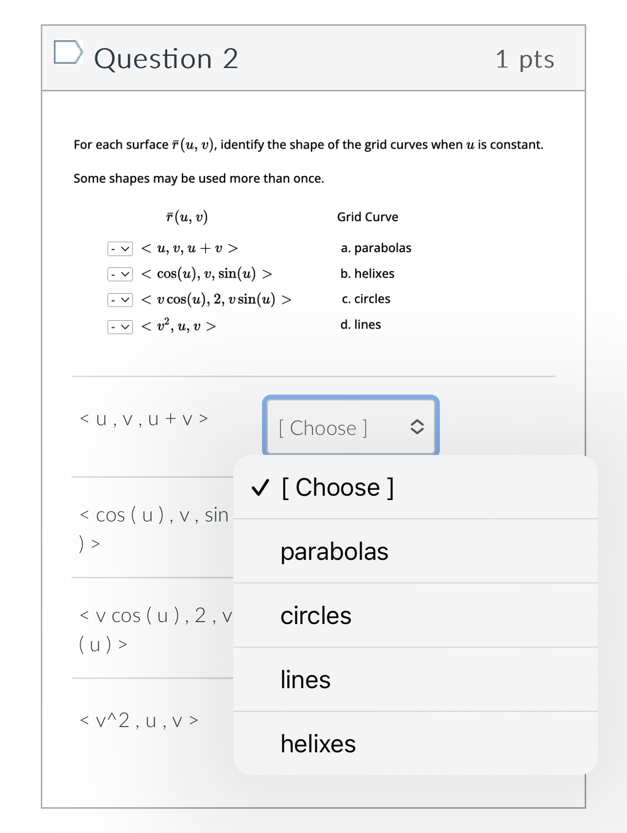 (u, v), identify the shape of the grid curves when u is