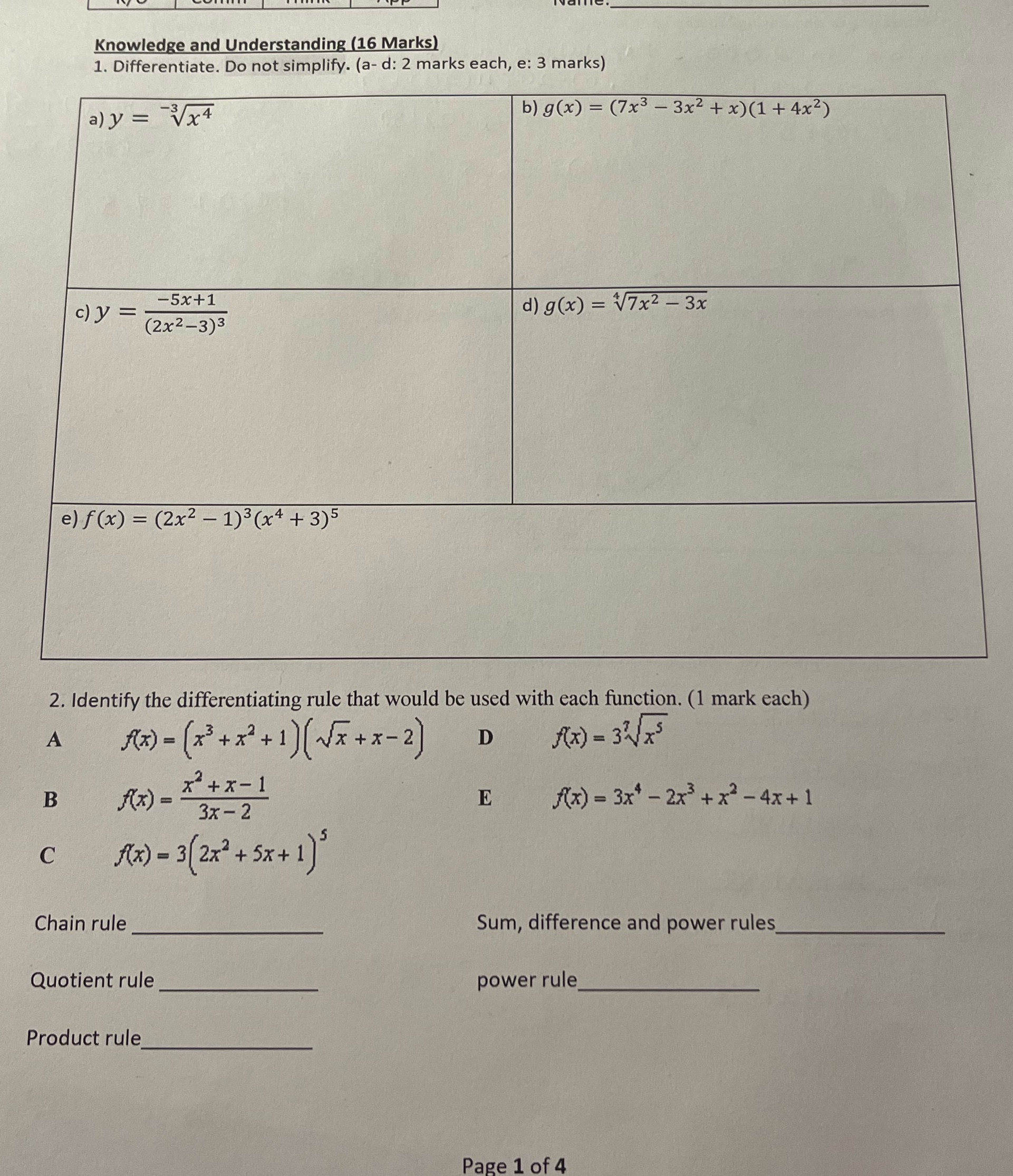 d: 2 marks each, e: 3 marks) a ) y = Vx4