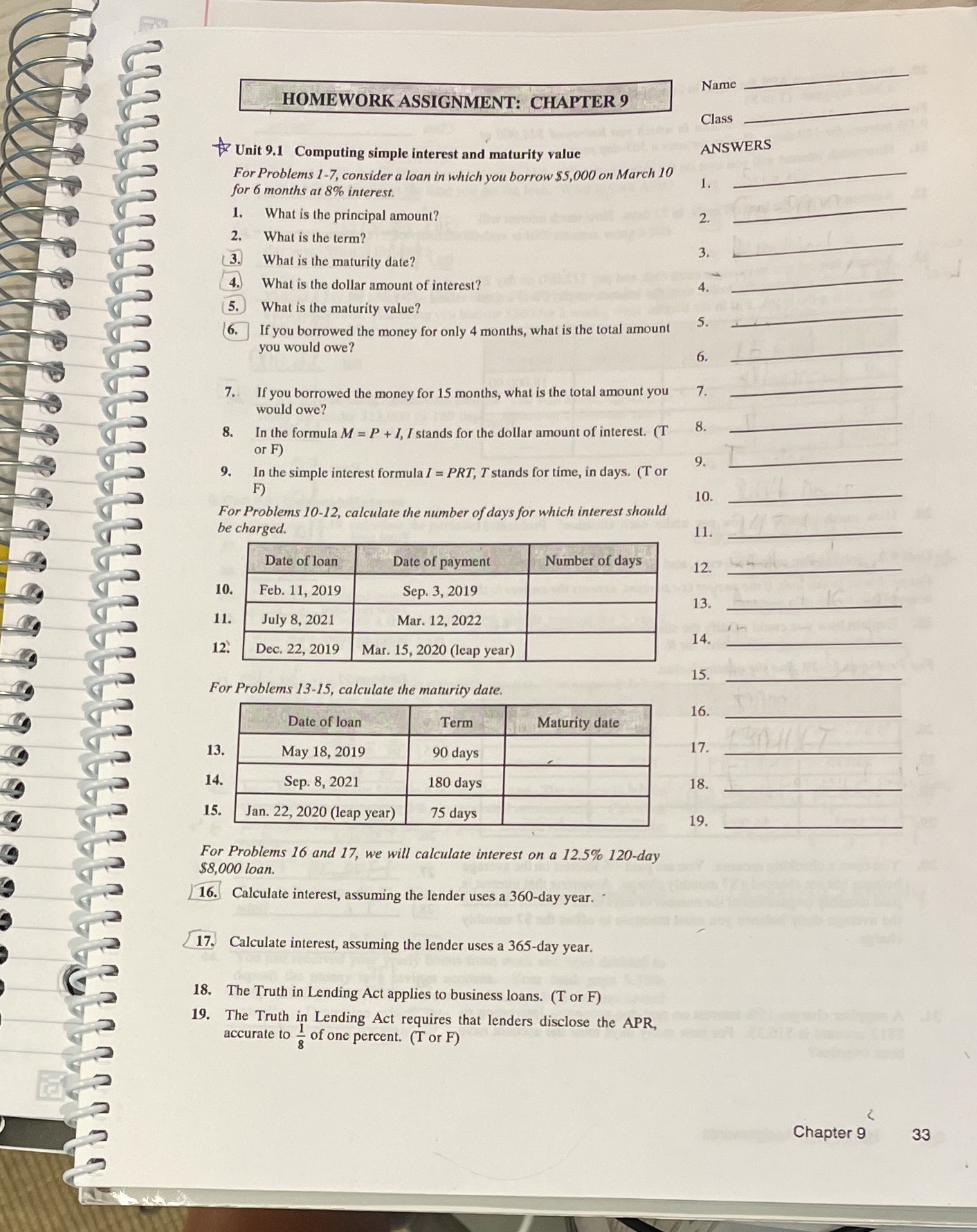 9.1 Computing simple interest and maturity value ANSWERS For Problems 1-7, consider