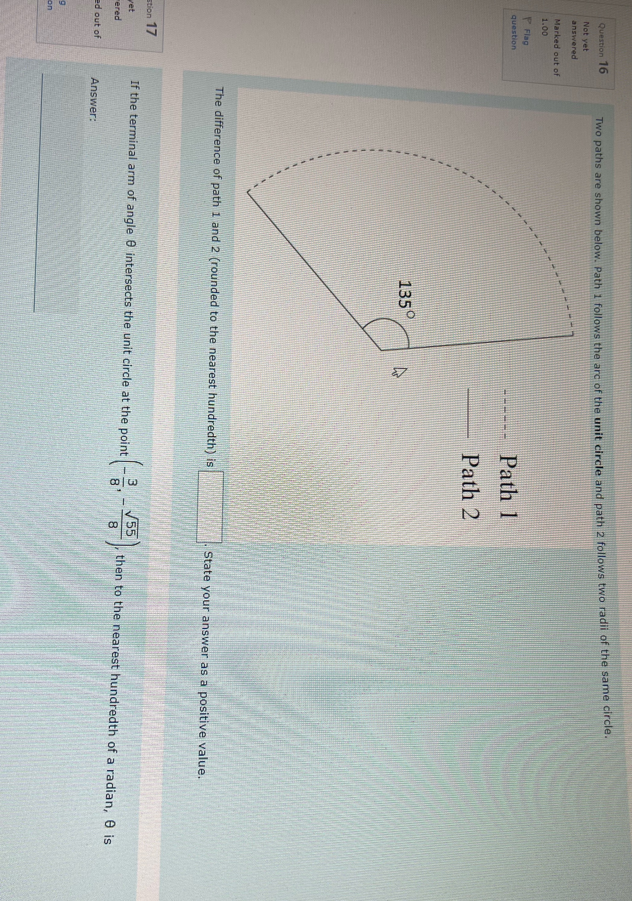 1 follows the arc of the unit circle and path 2 follows