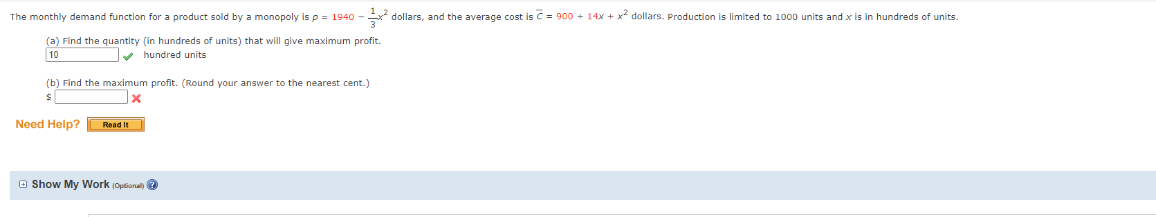  The monthly demand function for a product sold by a monopoly