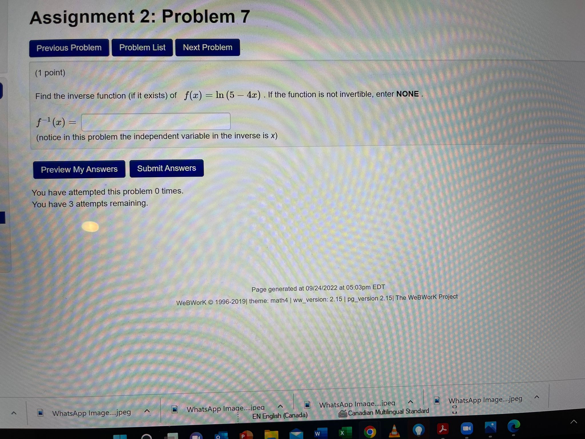 point) Find the inverse function (if it exists) of f(x) = In