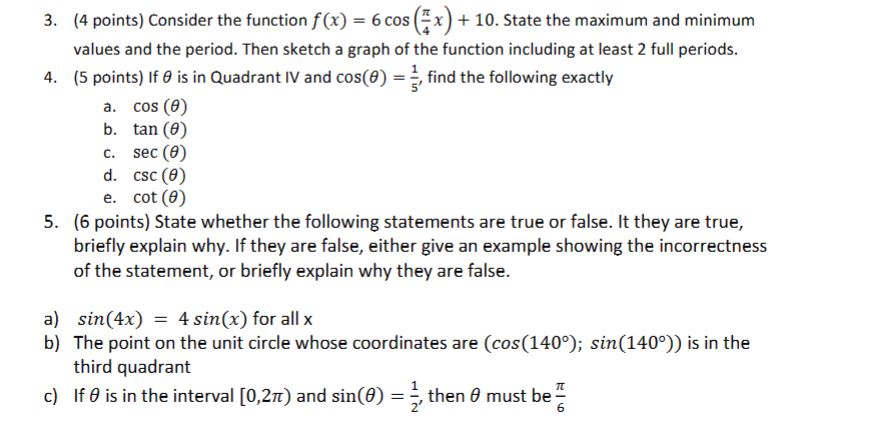 + 10. State the maximum and minimum values and the period. Then