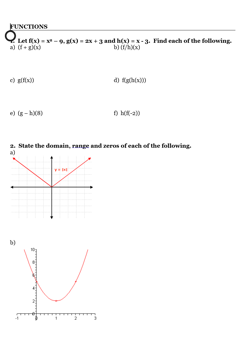 the following. a) (f + g)(x) b) (f/h) (x) c) g(f(x)) d)
