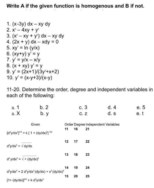  Write A if the given function is homogenous and B if