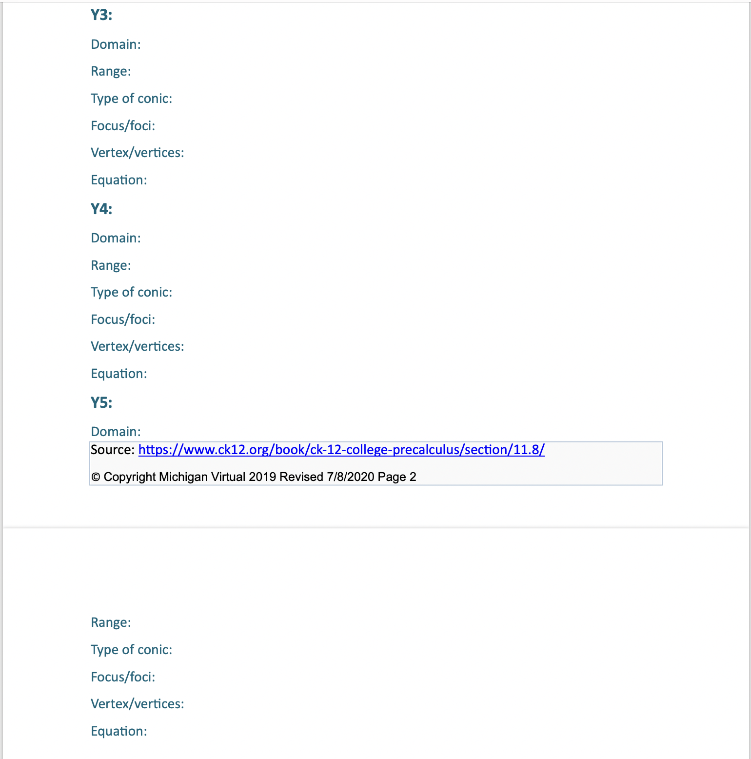 Step 1: Identify the type of conic for each relation. For y1,