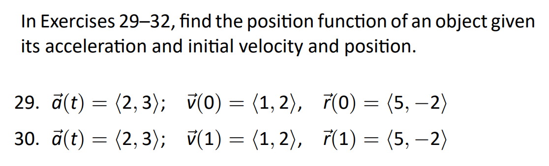  In Exercises 29-32, find the position function of an object given