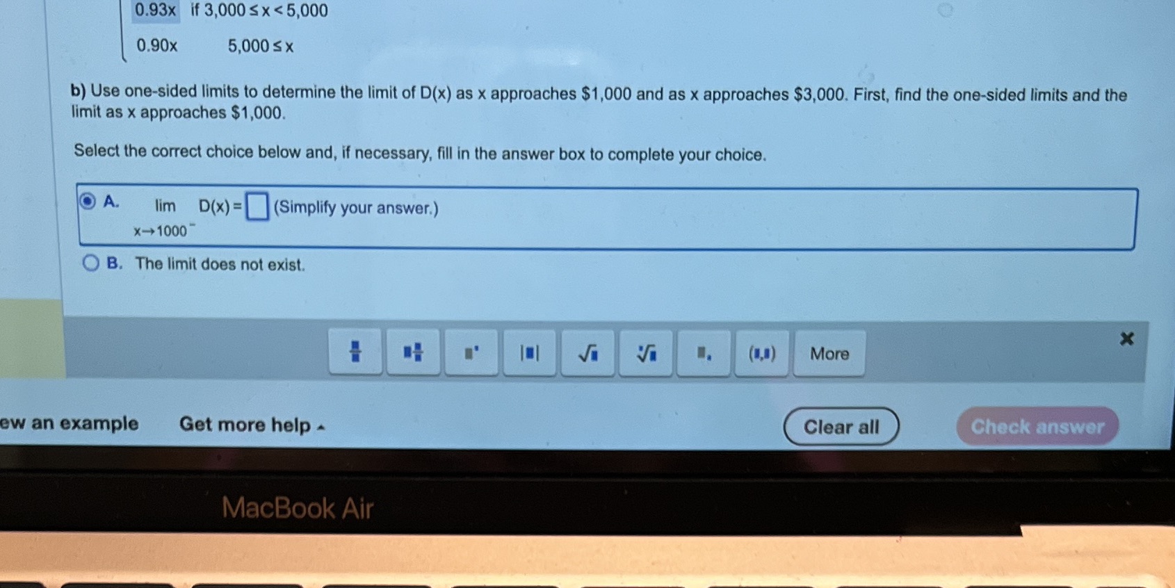 limit of D(x) as x approaches $1 ,000 and as x approaches