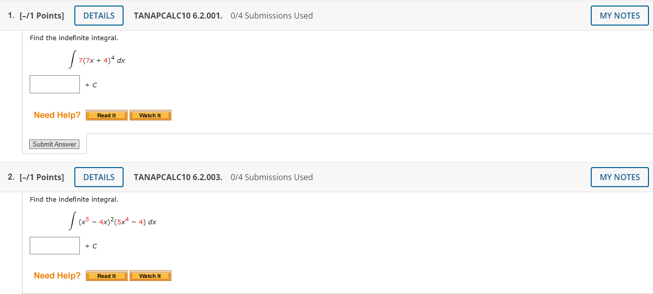 Submit Answer 2. [-/1 Points] DETAILS TANAPCALC10 6.2.003. 0/4 Submissions Used MY
