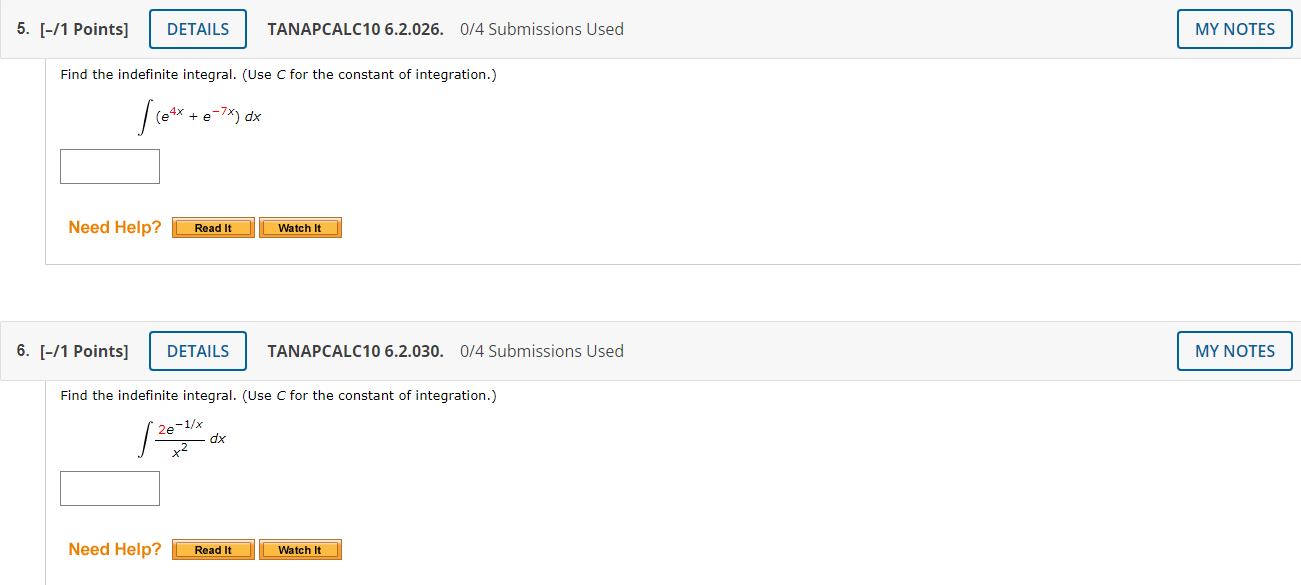 (5 x 4 - 4 ) dx + C Need Help? Read
