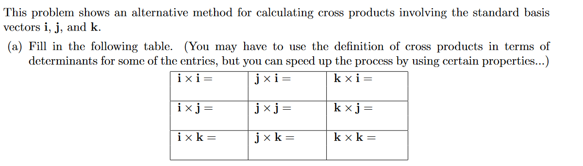 This problem shows an alternative method for calculating cross products involving