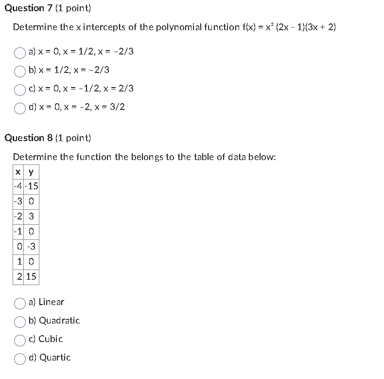 Question 7 (1 point) Deterrnine the x intercepts of the polynomial function