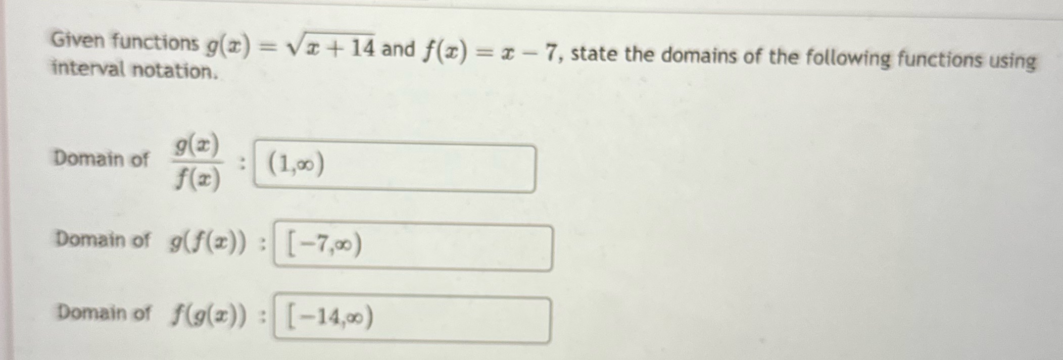  Given functions g(x) = vx + 14 and f(x) = x