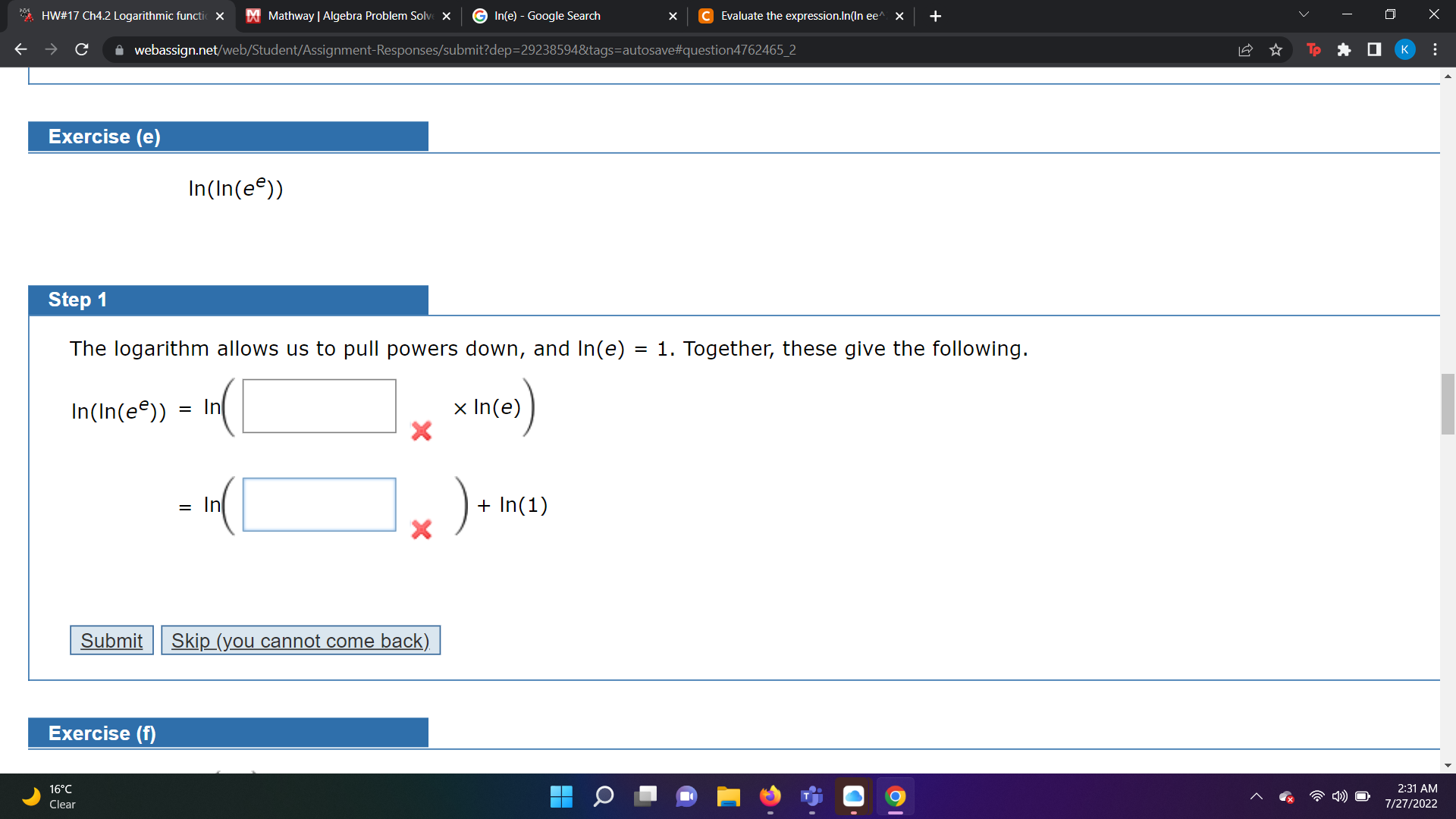  "A HW#17 Ch4.2 Logarithmic functic x X Mathway | Algebra Problem