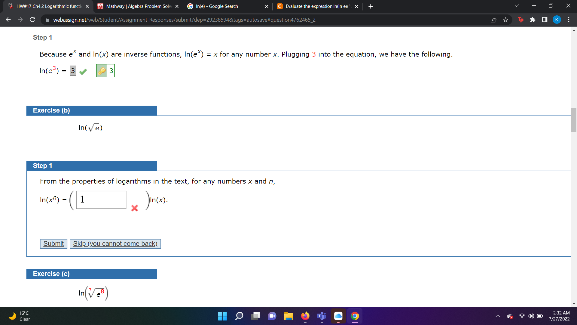 Solv X G In(e) - Google Search X C Evaluate the expression.In(In