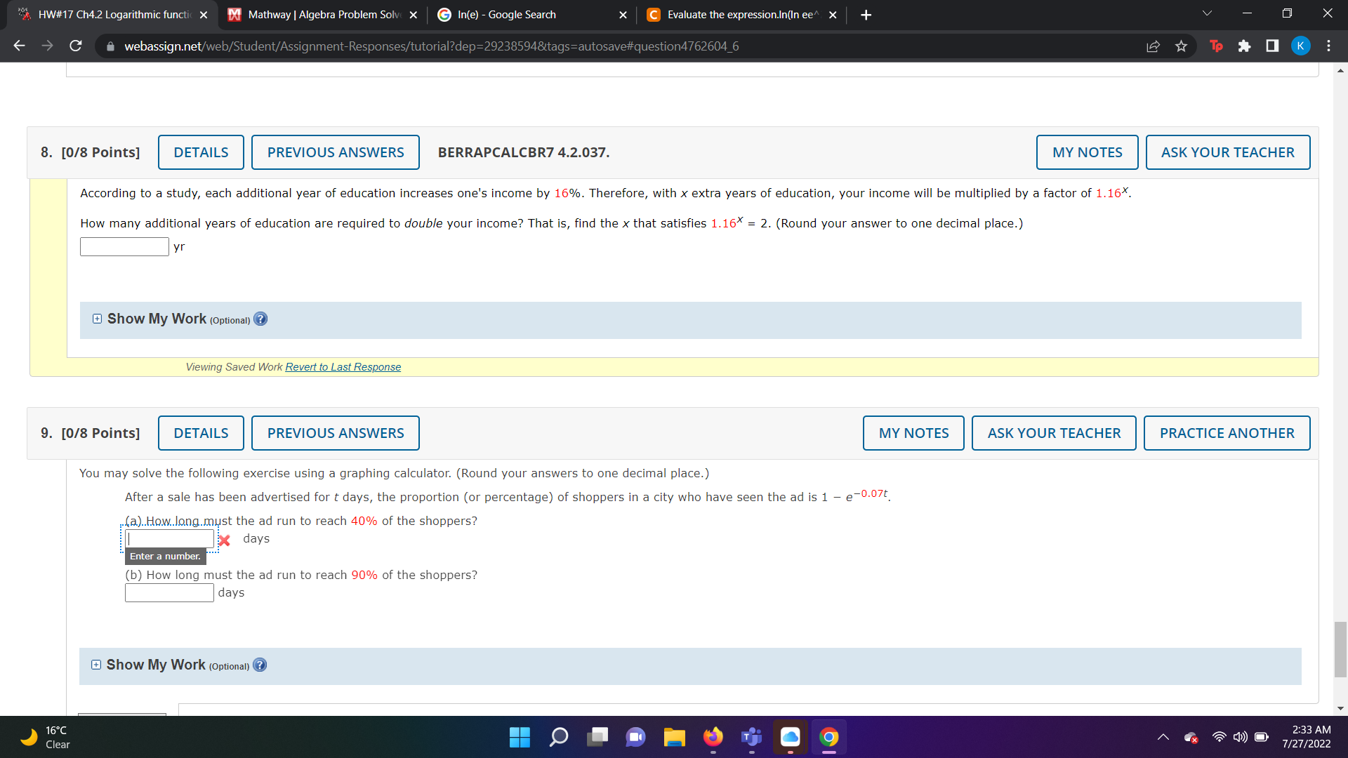 Step 1 Because ed and In(x) are inverse functions, In(e ) =