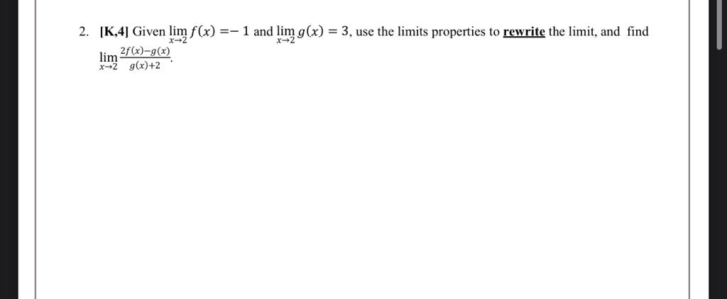 find lim 2f (x)-g(x) x-+2 g(x)+27. [A. 3'] Consider the following position