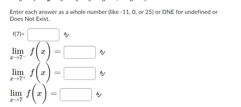25) or DNE for undefined or Does Not Exist. f (7 )