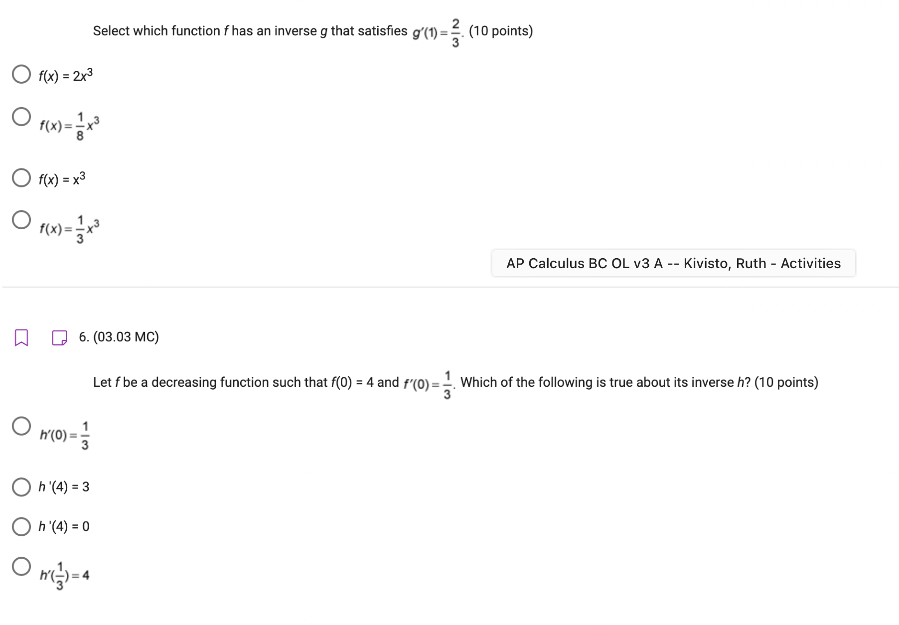 -1 cos(4x) 4cos(4x) O cos(4x) W Q 2. (03.01 MC) Let f