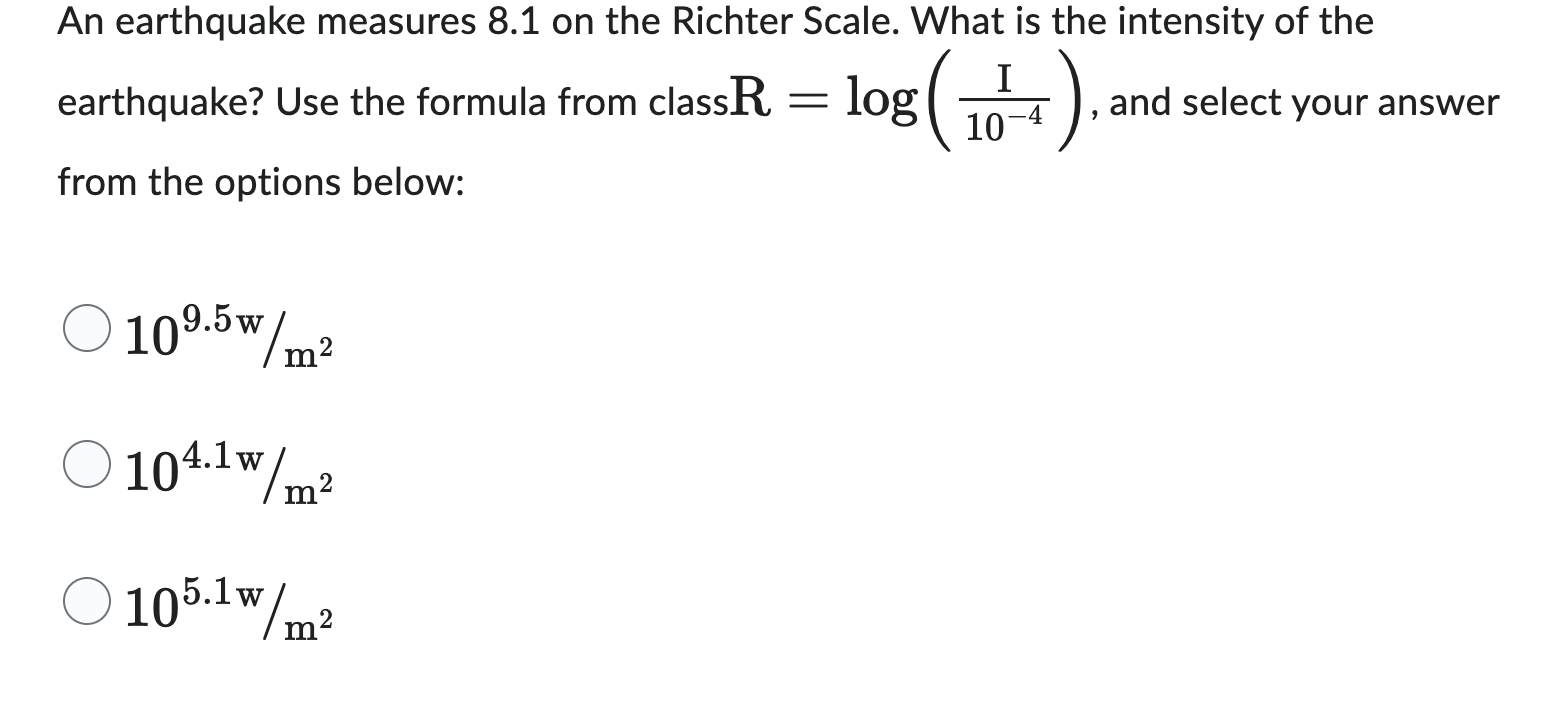 the Richter Scale. What is the intensity of the I 104 earthquake?