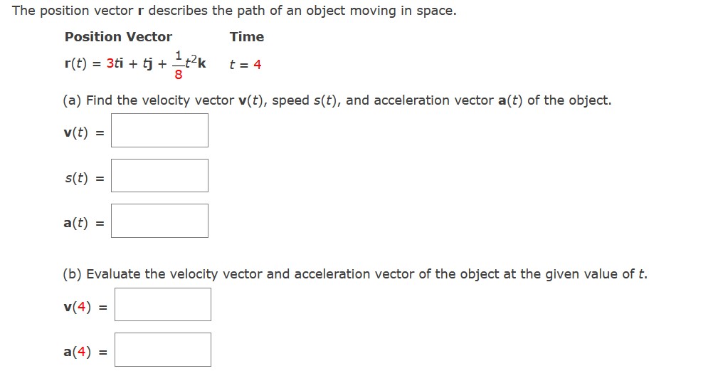 path of an object moving in space. Position Vector Time r(t)=3ti+j+%t2k t=4