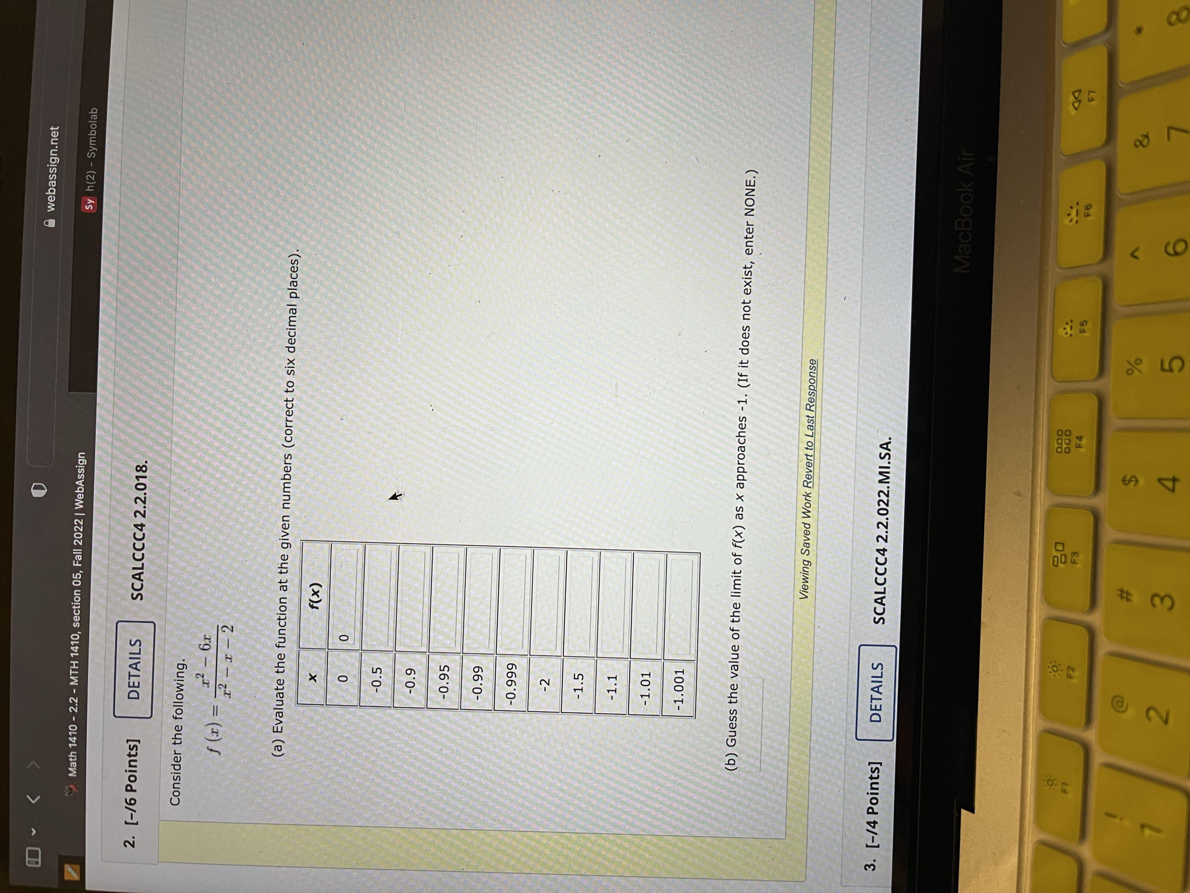 2022 | WebAssign Sy h(2) - Symbolab 2. [-/6 Points] DETAILS SCALCCC4