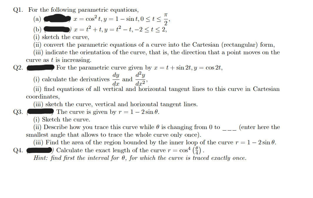 QI. Q2. Q4. For the following parametric equations, (b) = cos t,
