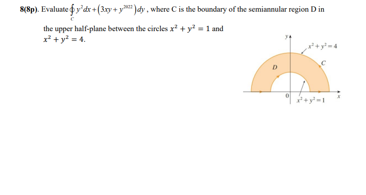 8(8p). Evaluate o y'dx + (3xy + 1202 )dy , where