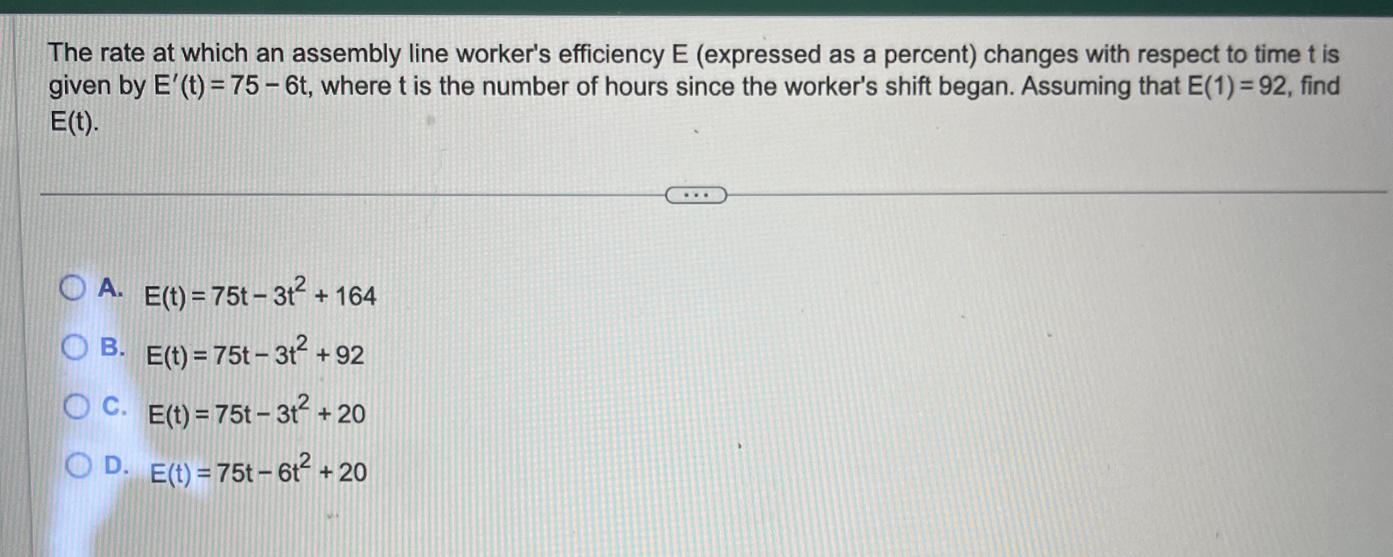 a percent) changes with respect to time t is given by E'(t)