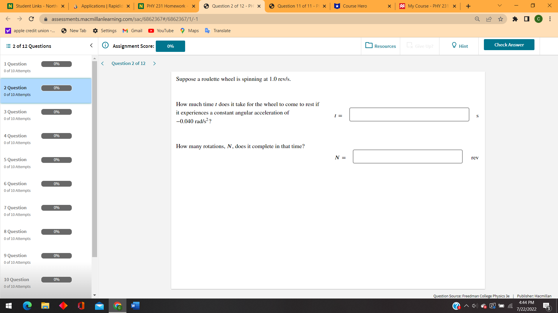 PHY 231 Homework - x Question 1 of 12 - PH X